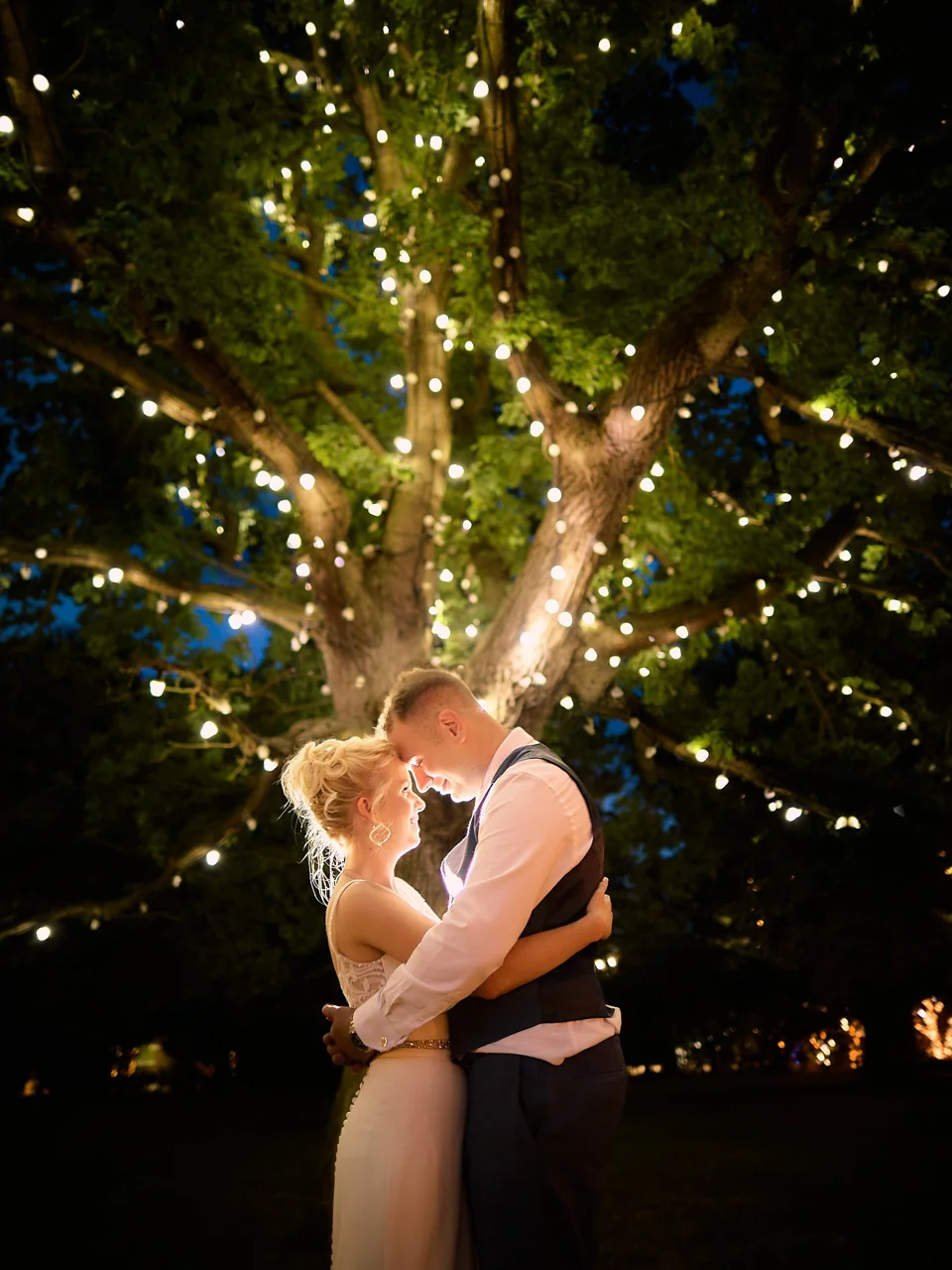 The couple beneath illuminated trees after dark